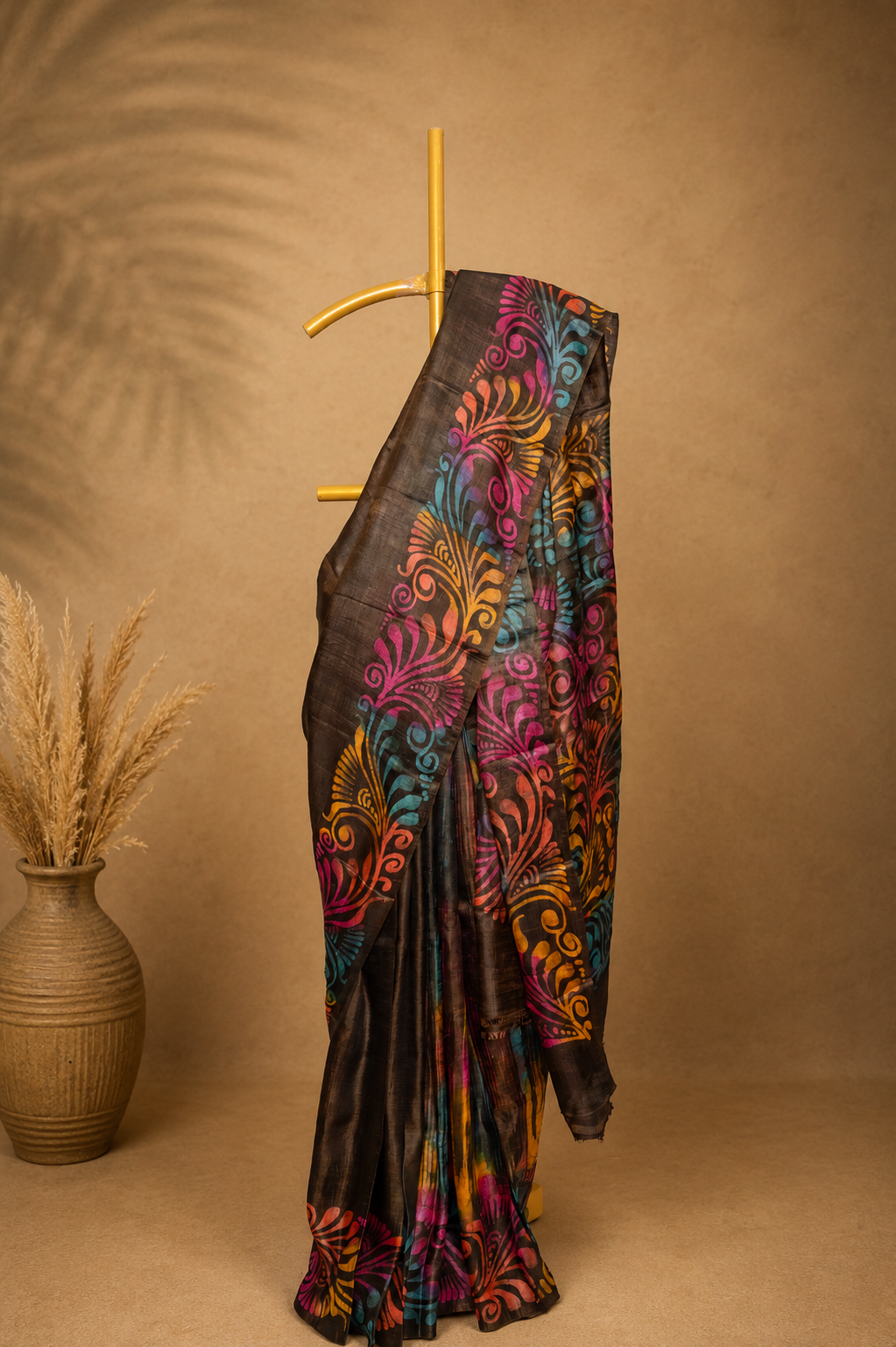 Midnight Bloom Batik Printed Silk Saree