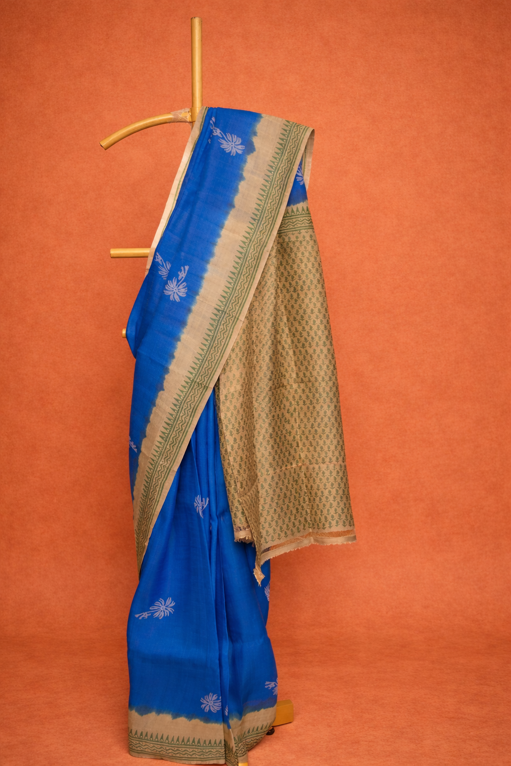 Royal Blue colored dupion silk saree with Soft Beige Contrast