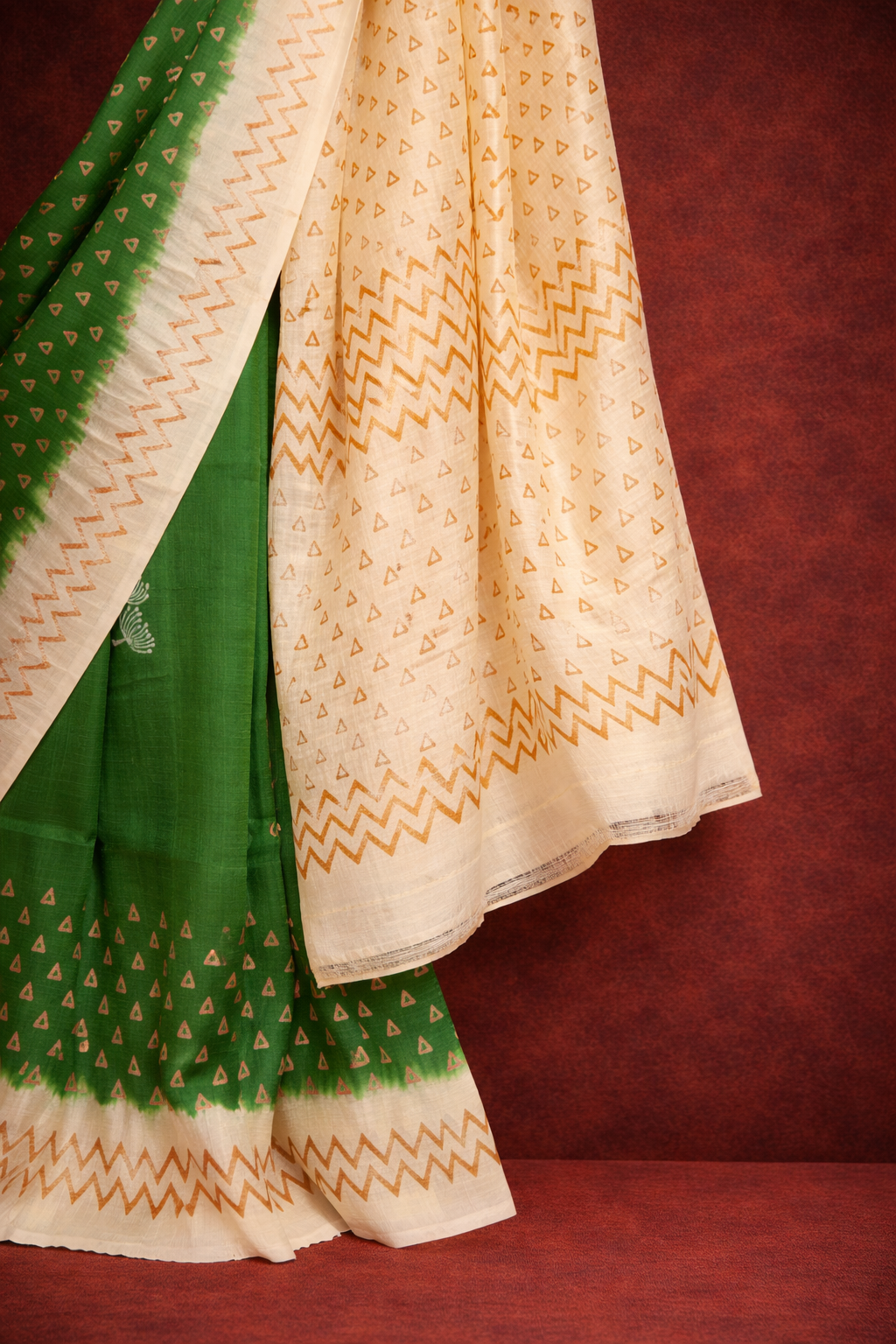Green & Ivory colored Dupion Silk Saree