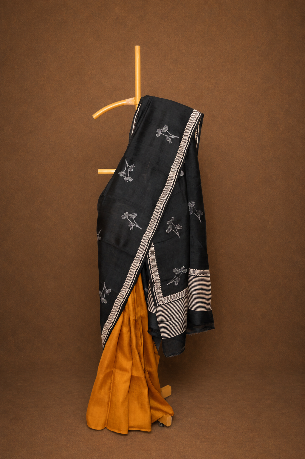 Mustard & Black colored Dupion Silk Saree