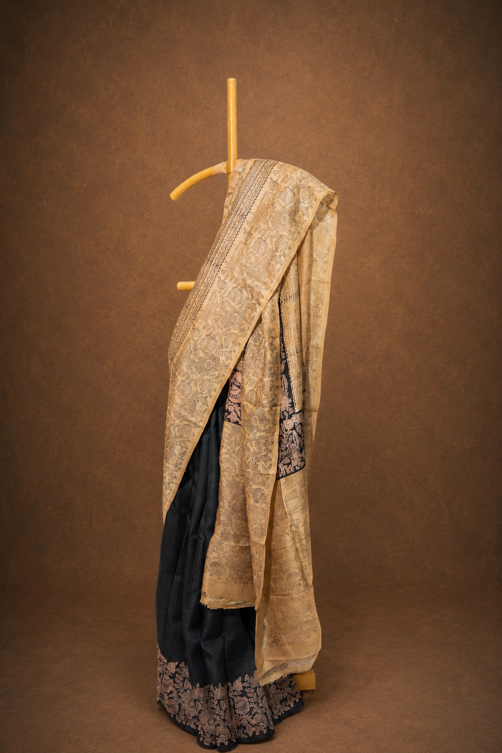 Beige & Midnight Floral colored Dupion Silk Saree