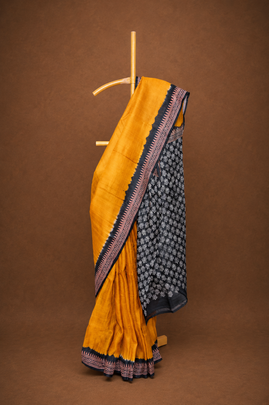 Mustard & Charcoal colored Printed Dupion Silk Saree