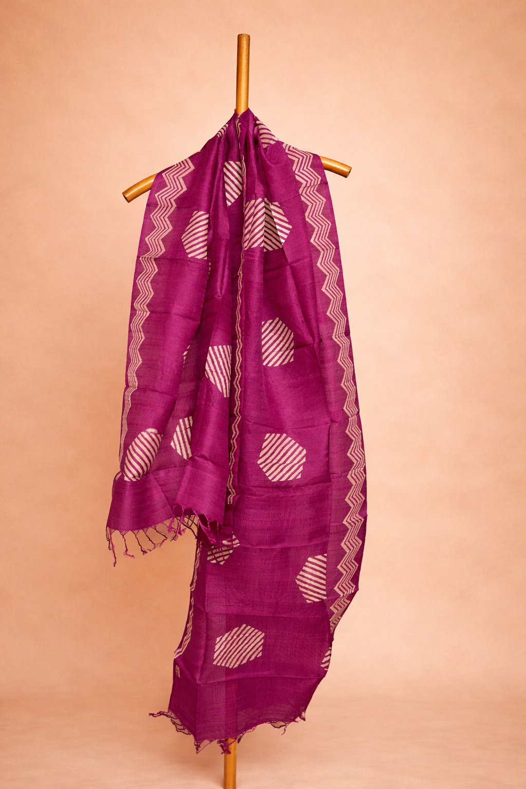 Deep magenta colored pure silk dhupatta with chevron & circular prints