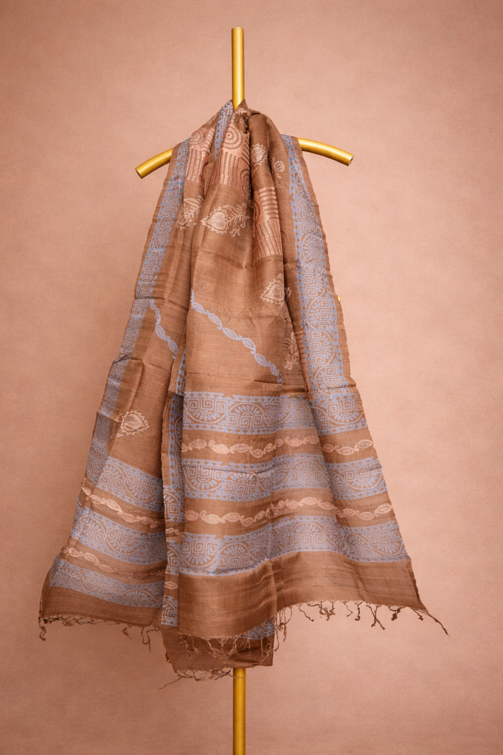 Earthy brown colored pure silk dhupatta with powder blue geometric borders