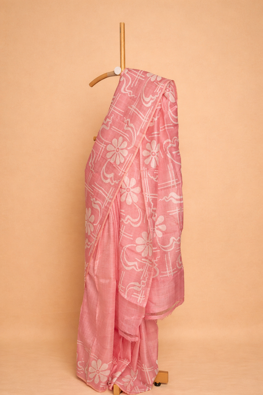 Soft Blush Pink Floral hand batik print pure silk saree