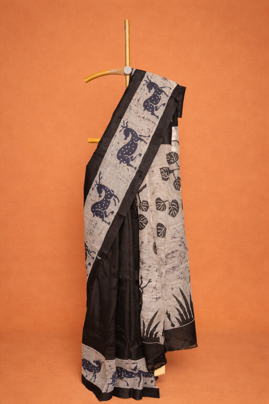 Black & Natural Grey Tribal Motif hand batik printed pure silk saree