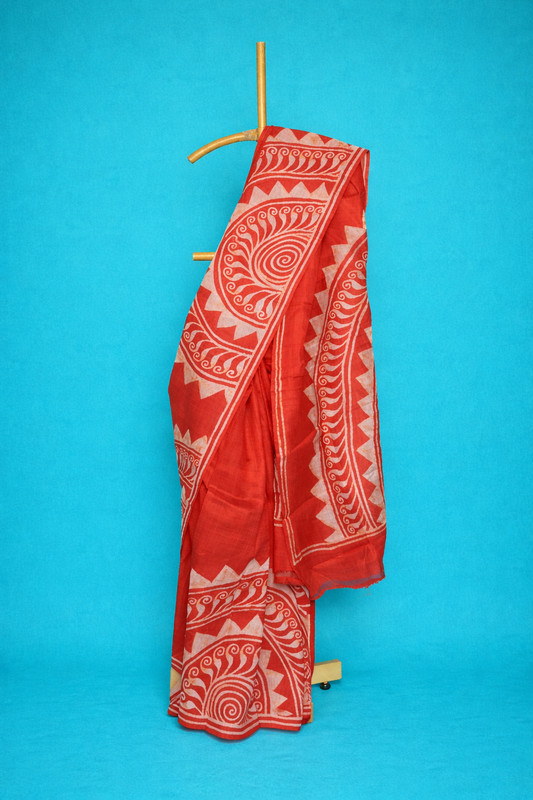 Classic Red Saree with Spiral & Geometric borders hand batik printed pure silk saree