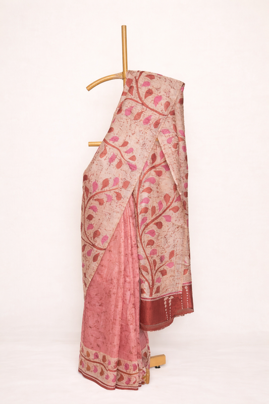 Beige & Rose Leaf Motif hand batik printed pure silk saree