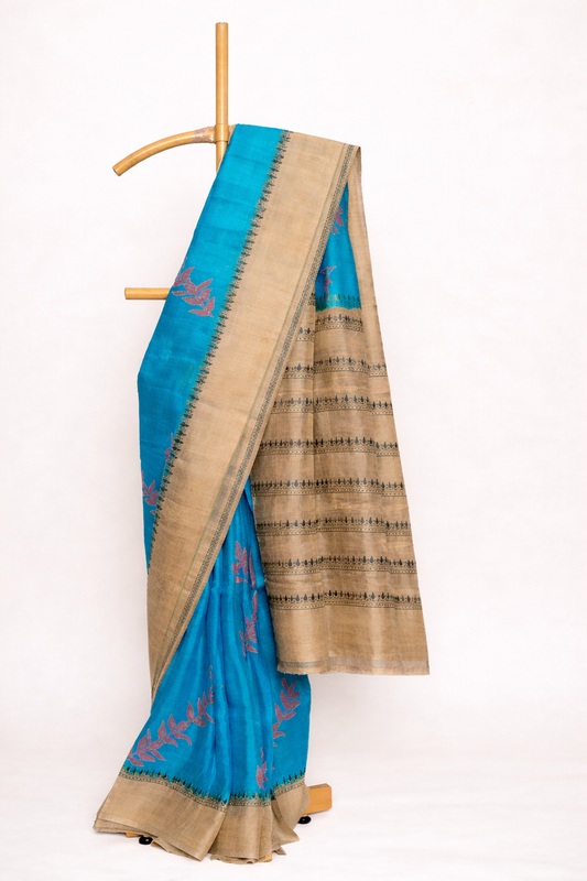 Turquoise Blue colored dupion silk saree with Earthy Gold Tones