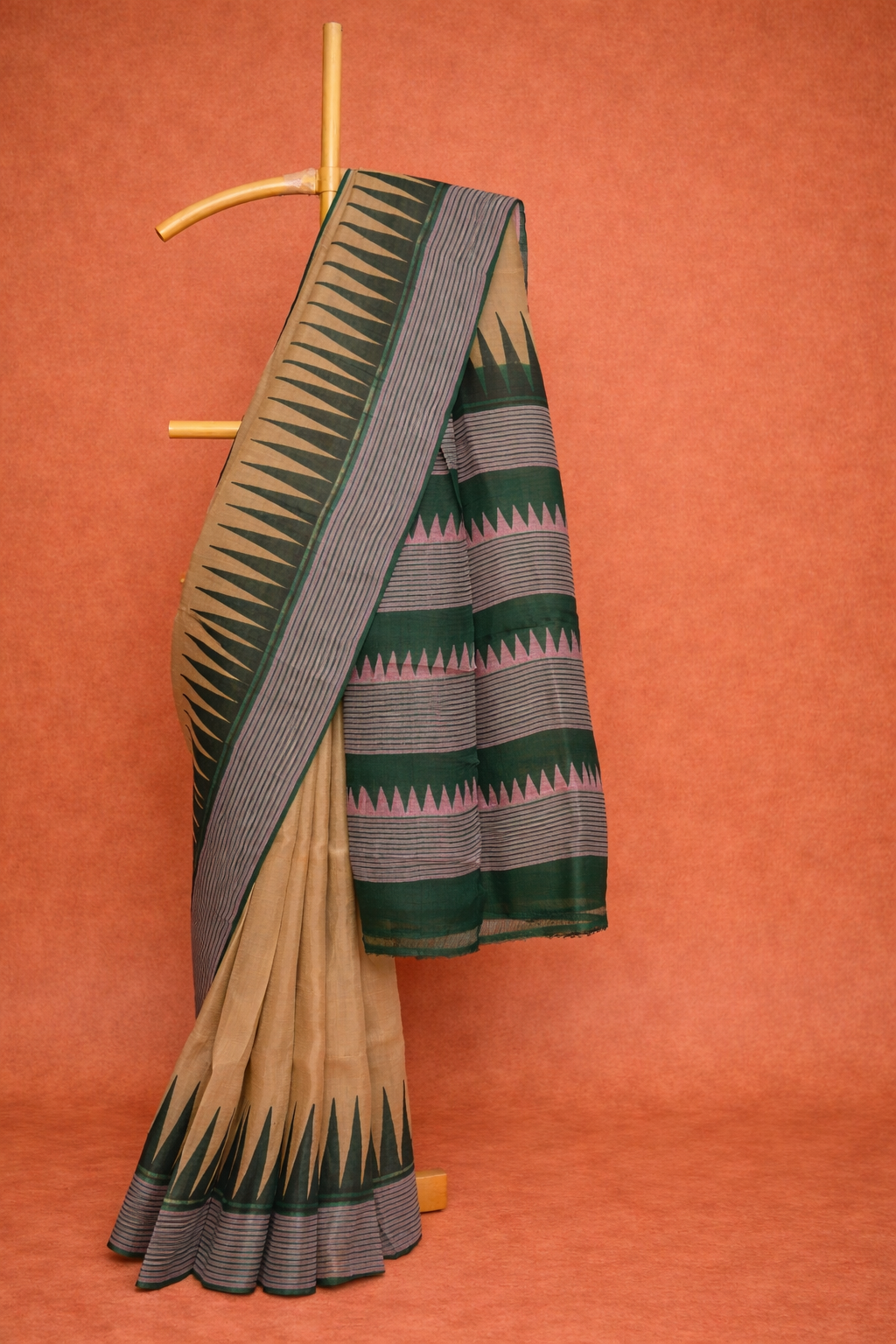 Sand Beige colored dupion silk saree with Deep Green Geometry