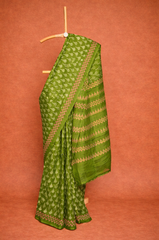 Olive Green colored dupion silk saree with All-over Motif Work