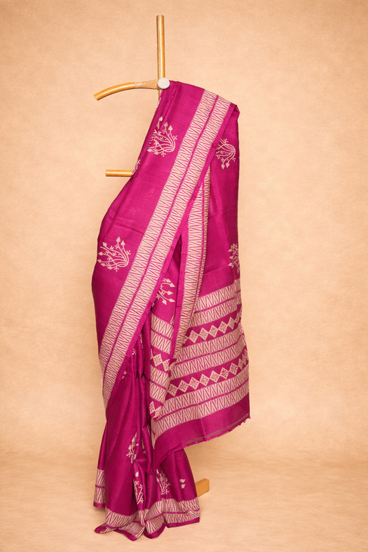 Magenta Pink colored dupion silk saree with Bold Linear Patterns