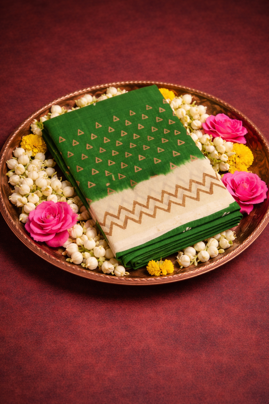 Green & Ivory colored Dupion Silk Saree