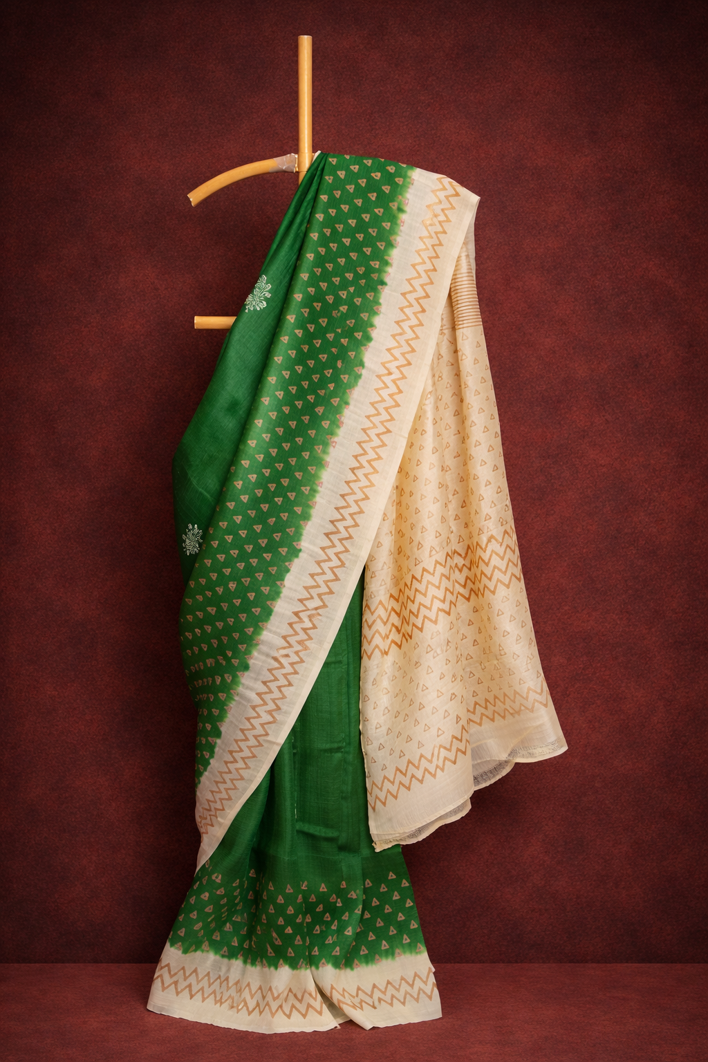 Green & Ivory colored Dupion Silk Saree