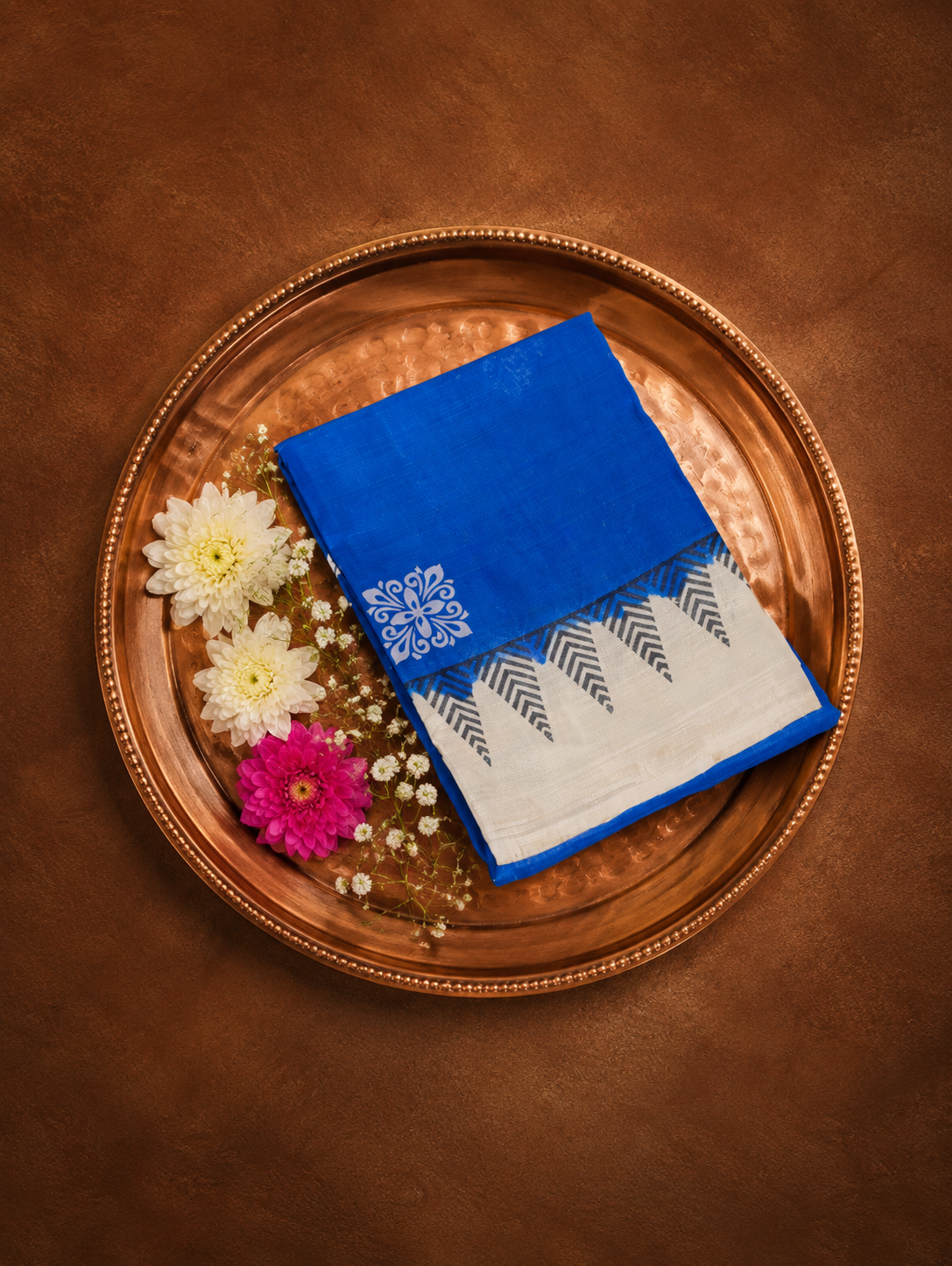 Royal Blue & White colored Dupion Silk Saree