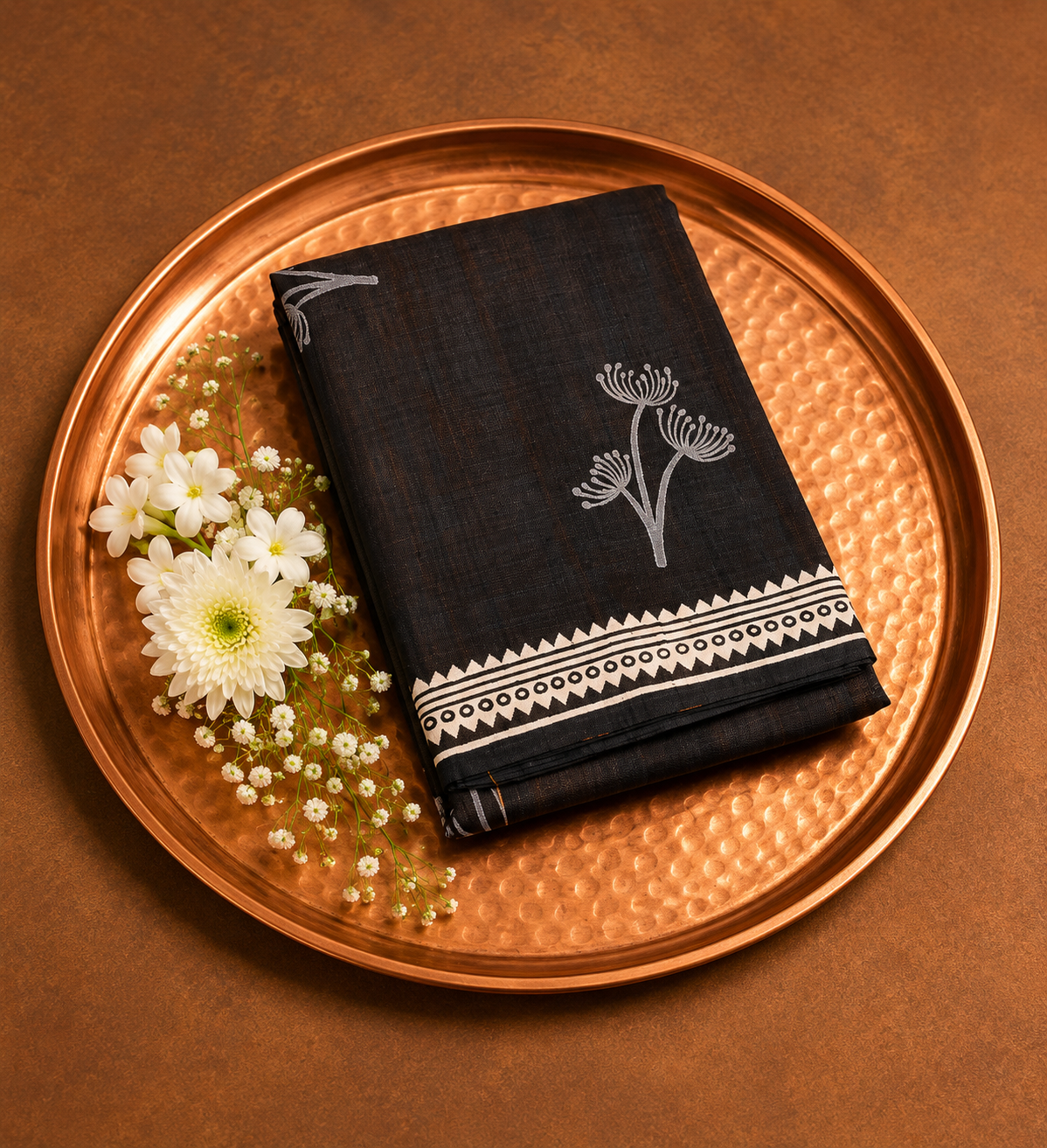 Mustard & Black colored Dupion Silk Saree