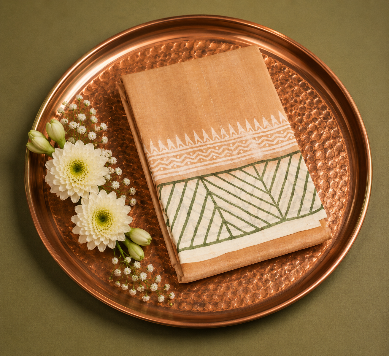 Earthy Beige & Leaf Motif Dupion Silk Saree