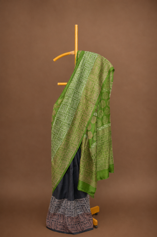 Botanical Geometry – Olive Green & Charcoal Dupion Silk