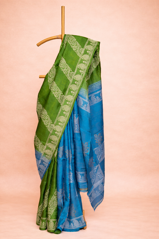 Green & Blue Dual-Tone hand block printed pure silk saree