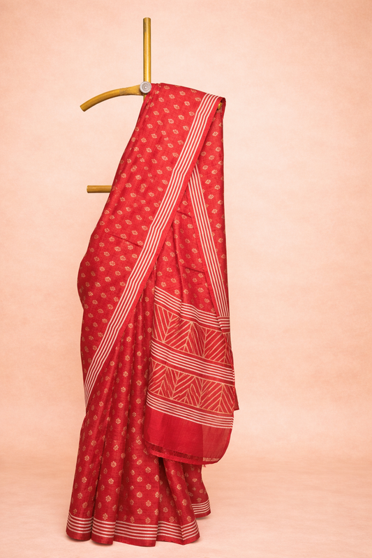 Classic Red colored hand block printed pure silk saree with Fine Motifs