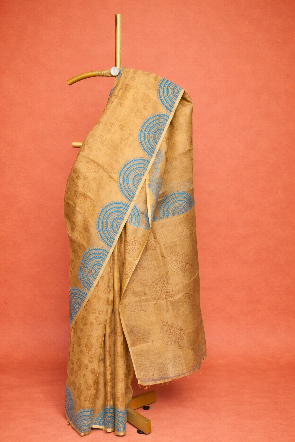 Golden Mustard hand block printed pure silk saree with Sky Blue Accents