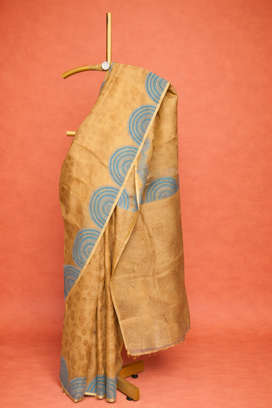 Golden Mustard hand block printed pure silk saree with Sky Blue Accents