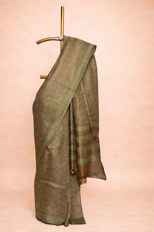 Earthy Olive Brown colored hand block printed pure silk saree with Teal Highlights