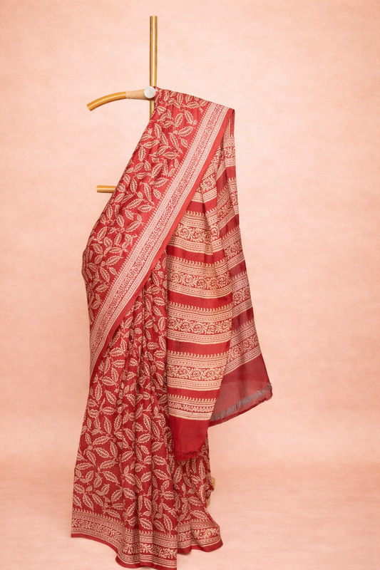 Brick Red colored hand block printed pure silk saree with Floral & Stripe Fusion