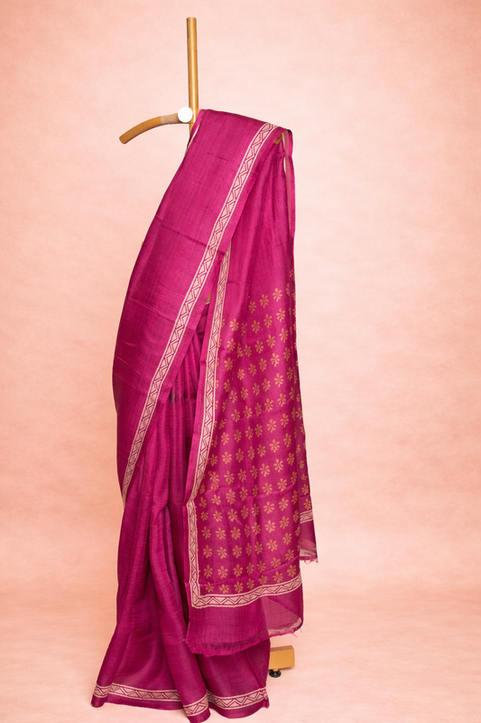 Magenta colored hand block printed pure silk saree with gold Buti work
