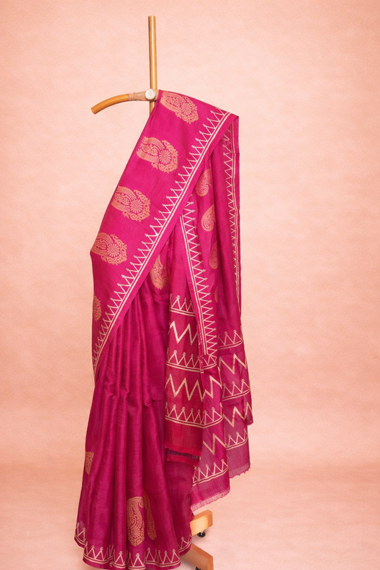 Magenta colored hand block printed pure silk saree with Tribal Geometric Patterns