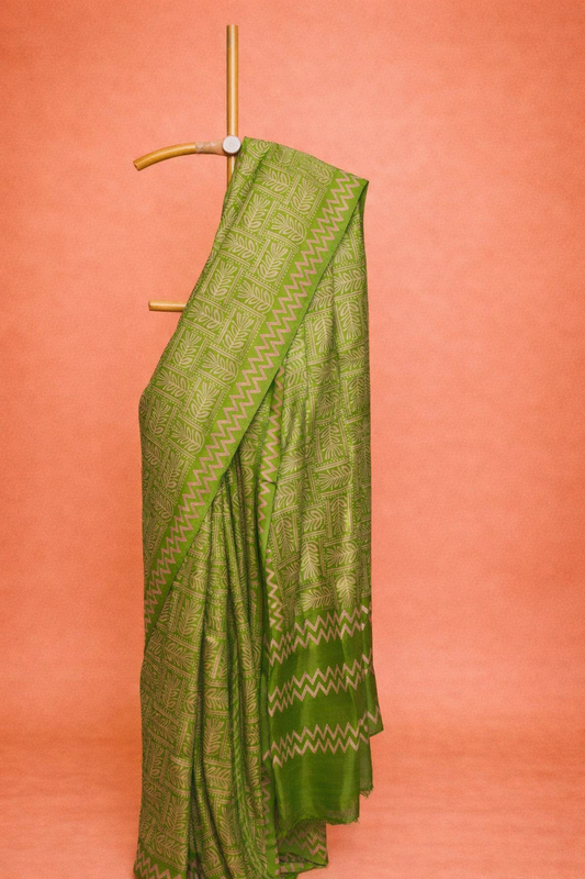 Fresh Green colored hand block printed pure silk saree with Block-Style Patterns