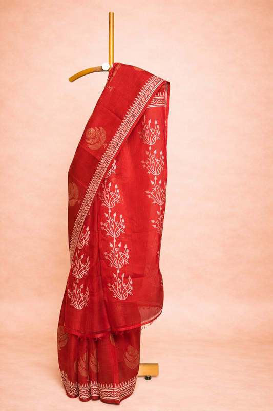 Traditional Red colored hand block printed pure silk saree with tree motifs