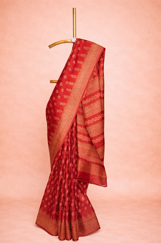 Deep Red colored hand block printed pure silk saree with dense geometric weaves