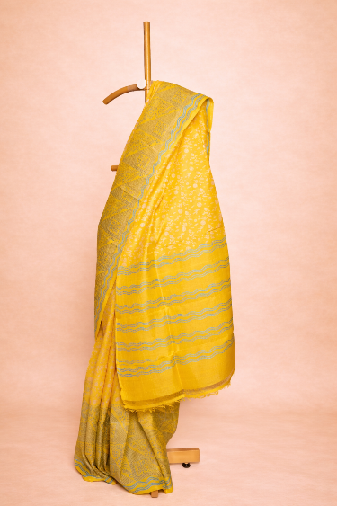 Sunshine Yellow colored hand block printed pure silk saree