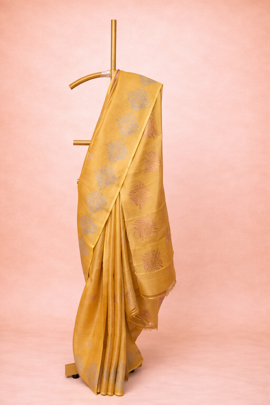 Golden Mustard colored hand block printed pure silk saree