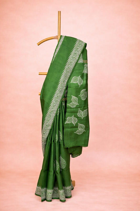 Classic Leaf Green colored hand block printed pure silk saree