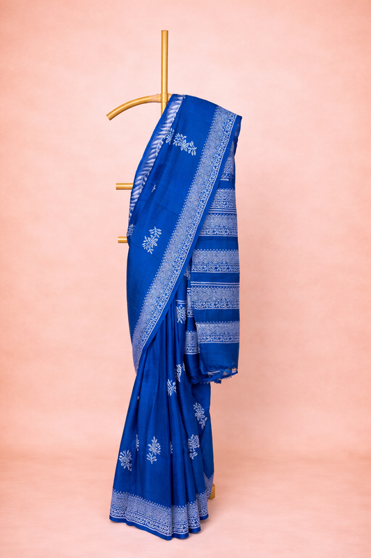Royal Blue colored hand block printed pure silk saree