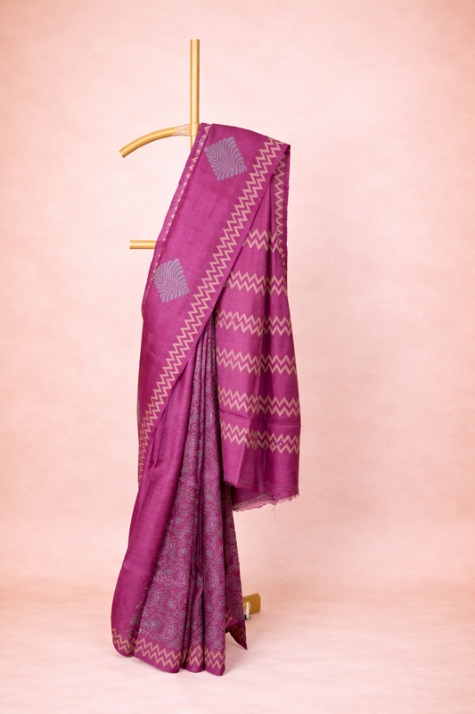 Purple-Magenta colored hand block printed pure silk saree