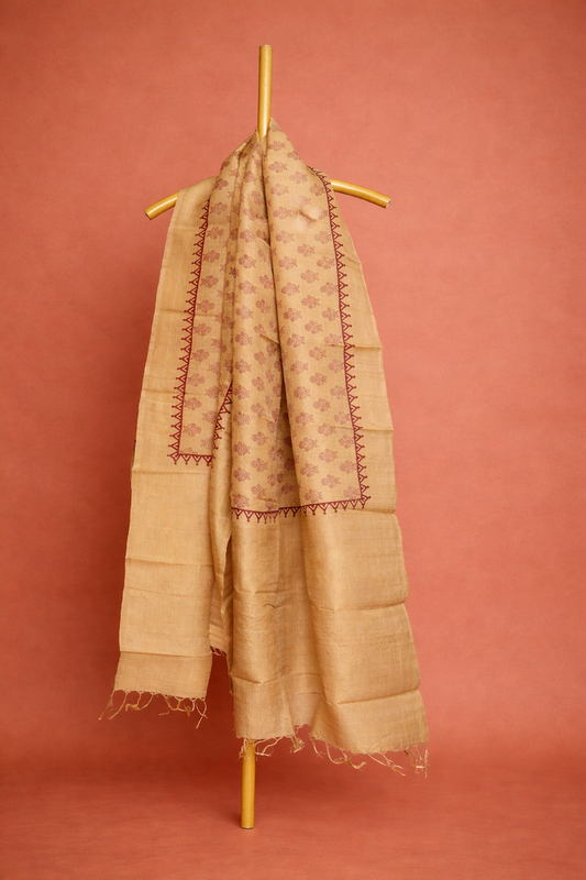Mustard beige colored pure silk dhupatta with maroon accents