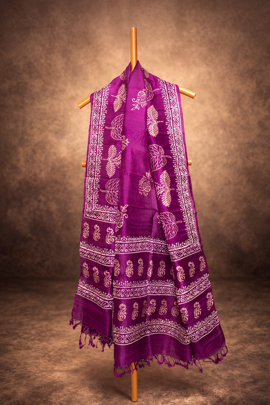 Royal purple pure silk dhupatta with cream  block prints