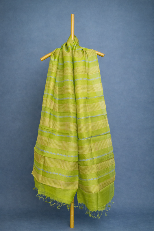 Lime green pure silk dhupatta with subtle stripe patterns