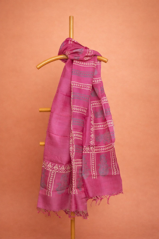 Rani pink pure silk dhupatta with beige & grey motifs