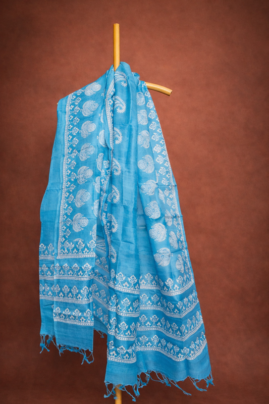 Sky blue colored pure silk dhupatta with white paisley prints