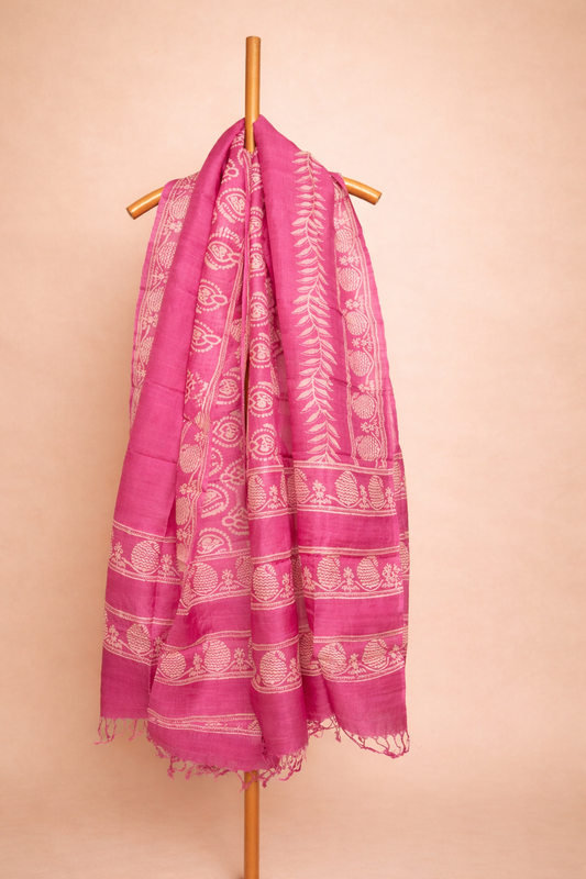 Bright pink colored pure silk dhupatta with traditional floral borders