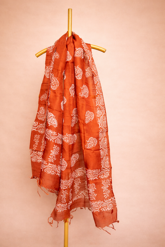 Rust orange colored pure silk dhupatta with classic block motifs