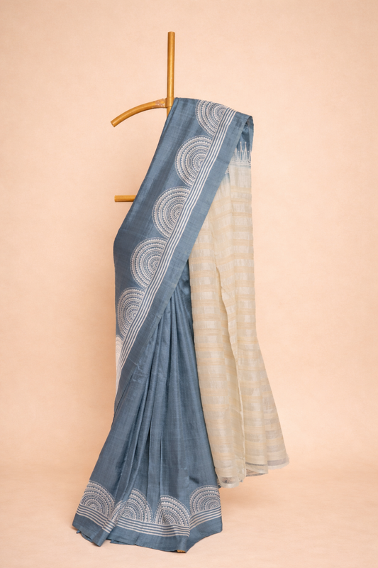 Steel blue & ivory garad saree with circular motifs and striped pallu