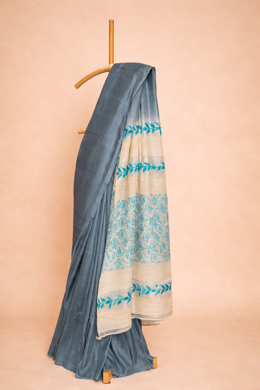 Steel blue & ivory garad saree with aqua leaf stripe motifs