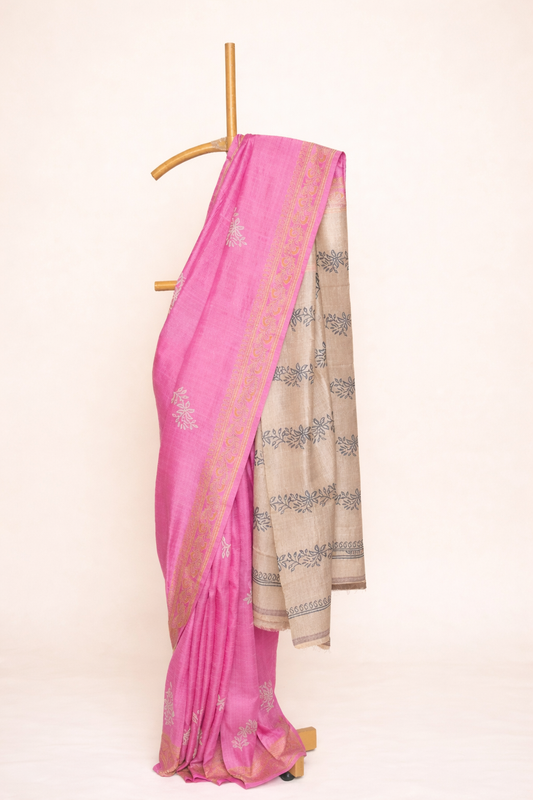 Pink and natural beige colored garad saree