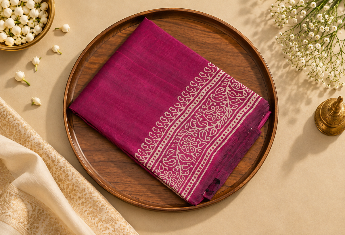Crimson Bloom – Hand Block Printed Garad Silk