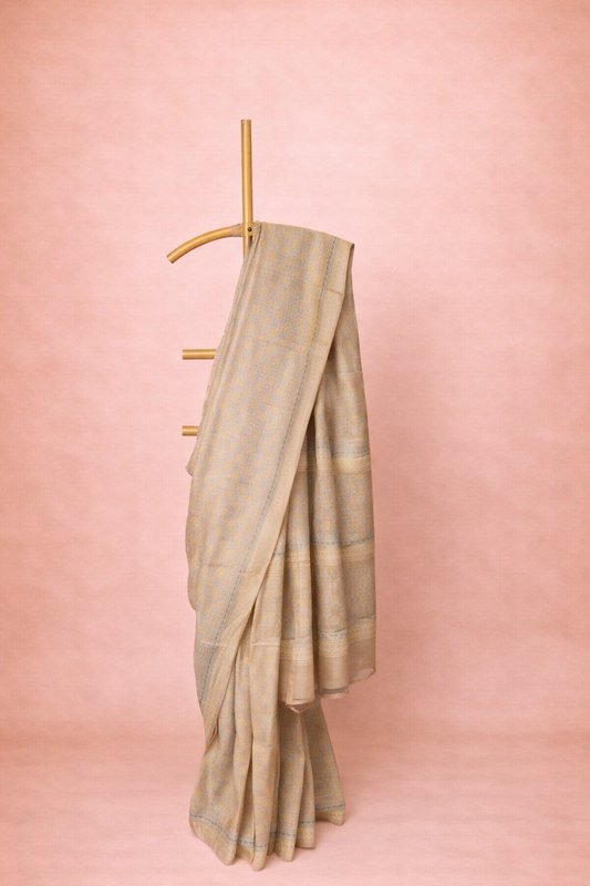 Light Gold colored block printed hand spun tussar saree with Subtle Motifs